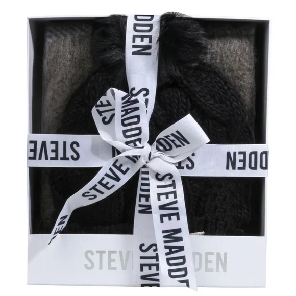 Steve Madden Faux Fur Black Hat Plaid Scarf Gift Set NWT Steve Madden Scarf Hat Set Black Hat With Pom Plaid Scarf w  main image 4